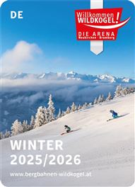 Eine winterliche Landschaft mit schneebedeckten Bergen. Zwei Skifahrer gleiten über die Piste.