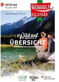 Eine Übersichtskarte von der Wildkogel-Arena in Neukirchen und Bramberg. Im Hintergrund sind Berge und ein schöner See zu sehen.