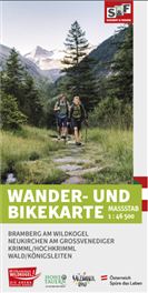 Eine Wander- und Bike-Karte für die Region Bramberg am Wildkogel. Sie zeigt Wanderwege und Fahrradrouten inmitten einer schönen Berglandschaft.