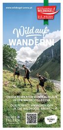 Eine malerische Wanderlandschaft in den Bergen mit drei Wanderern. Die Umgebung ist grün und beeindruckend, ideal für einen Wanderurlaub.