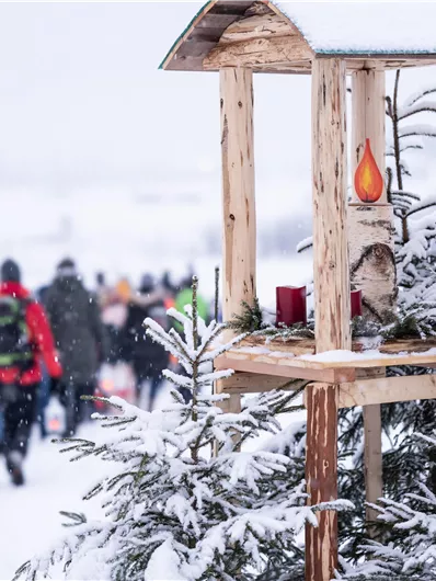 Een besneeuwd landschap met een vogelhuisje op de voorgrond. Op de achtergrond lopen mensen in winterkleding.