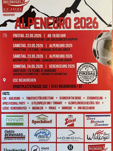 A poster for the event "AlpenEuro 2026" with date, time, and venue. It displays information about various games and activities as well as sponsor logos.