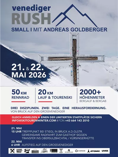 An advertisement poster for the Venidiger Rush Event. It displays the upcoming sports disciplines, the dates, and the challenges for participants in the mountains.