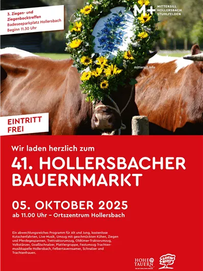 Een uitnodigend poster voor de 41ste Hollersbacher Boerenmarkt. Het toont koeien en een traditionele bloemenkrans, met informatie over de datum en locatie van het evenement.