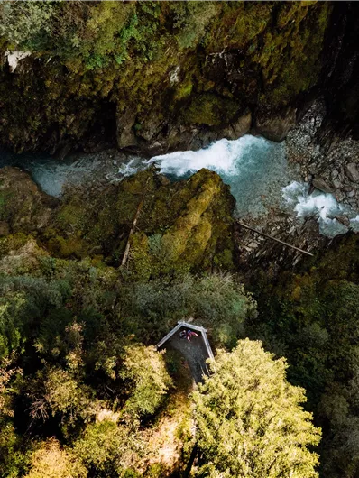 A breathtaking landscape with dense greenery and a clear river. The view from above reveals the beauty of nature and the hidden cabin.