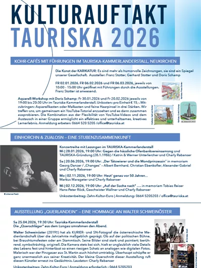 A colorful poster for the cultural kickoff event Tauriska 2026. It includes information about workshops, exhibitions, and events in Neunkirchen.