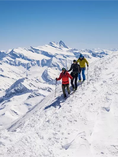 Eine Gruppe von Skifahrern wandert auf einem schneebedeckten Berg. Im Hintergrund sind beeindruckende Berggipfel und ein klarer blauer Himmel zu sehen.