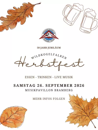 Ein festliches Plakat für das Herbstfest der Wildkogelfalken. Es zeigt Termine und Aktivitäten wie Essen, Trinken und Live-Musik.