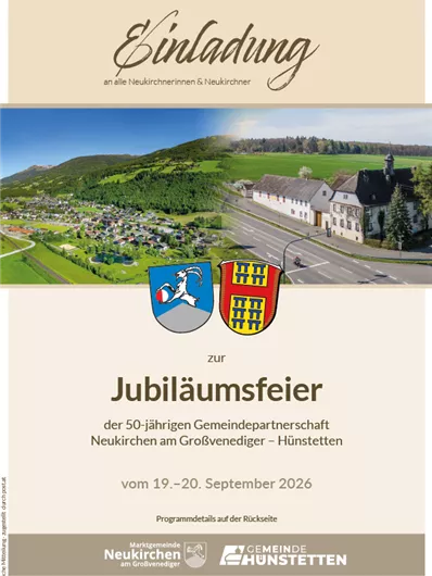 Invitation flyer for the anniversary celebration of the community partnership between Neukirchen am Großvenediger and Hünstetten. The celebration takes place from September 19 to 20, 2026.