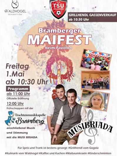 Ein Flyer für das Bramberger Maifest mit Informationen zu Datum, Uhrzeit und Programm. Es sind auch Bilder von Musikern und Veranstaltungen zu sehen.