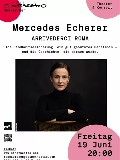 An advertising poster for a theater performance featuring actress Mercedes Echerer. It includes information on date, time, and ticket booking.