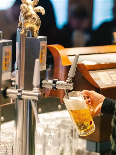 Ein Bier wird frisch vom Zapfhahn in ein Glas gegossen. Im Hintergrund sind weitere Gläser und ein Holzinterieur zu sehen.