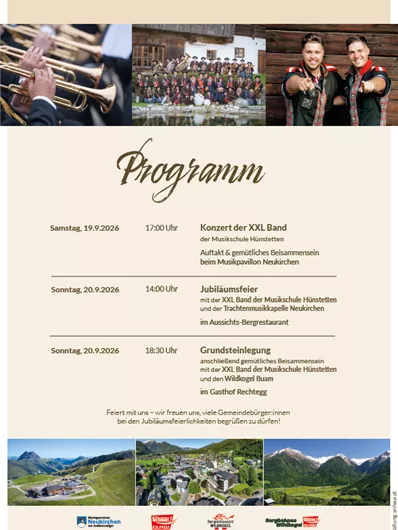 An event program with details on concerts and celebrations. It shows images of musicians, groups, and a beautiful mountain landscape.