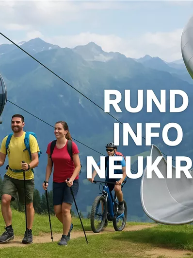 A cable car rides over a picturesque mountain landscape. Two hikers and a cyclist enjoy nature in Neukirchen.