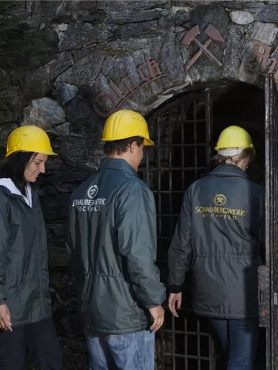 Eine Gruppe von vier Personen mit gelben Helmen steht vor einem alten Stolleneingang. Sie tragen Jacken und sehen bereit aus, den Stollen zu betreten.