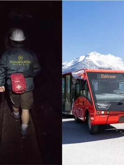 Aan de linkerkant ziet men een persoon in een donkere tunnel met een helm. Rechts staat een rode elektrische bus voor een berglandschap met een heldere blauwe lucht.
