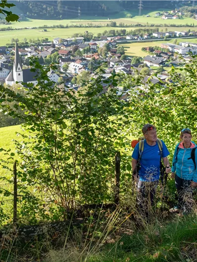 Zwei Wanderer gehen auf einem Waldweg zwischen hohen Bäumen. Die Umgebung ist grün und einladend.