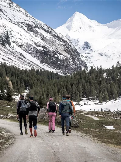 Eine Gruppe von Wanderern geht auf einem Weg durch eine bergige Landschaft mit schneebedeckten Gipfeln. Um sie herum sind grüne Wälder und einige abgelegene Hütten zu sehen.