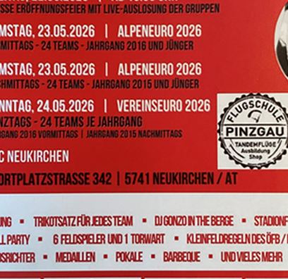 A poster for the event "AlpenEuro 2026" with date, time, and venue. It displays information about various games and activities as well as sponsor logos.