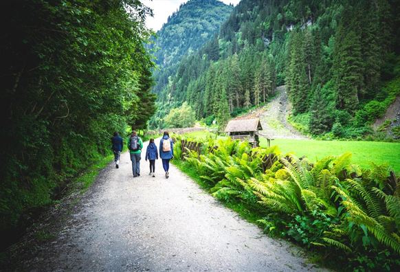 Eine Gruppe von Wanderern geht auf einem schmalen Weg durch eine grüne Landschaft. Im Hintergrund sind Berge und ein kleines Gebäude zu sehen.