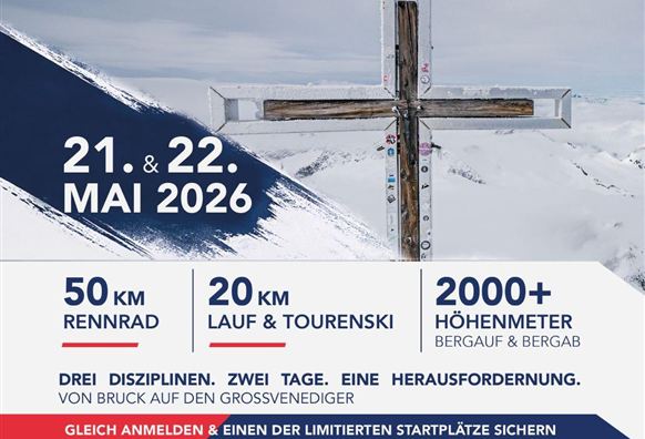 An advertisement poster for the Venidiger Rush Event. It displays the upcoming sports disciplines, the dates, and the challenges for participants in the mountains.