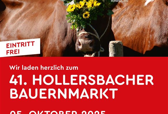 Een uitnodigend poster voor de 41ste Hollersbacher Boerenmarkt. Het toont koeien en een traditionele bloemenkrans, met informatie over de datum en locatie van het evenement.