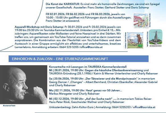Ein farbenfrohes Plakat für das Kulturauftakt-Event Tauriska 2026. Es enthält Informationen über Workshops, Ausstellungen und Veranstaltungen in Neunkirchen.