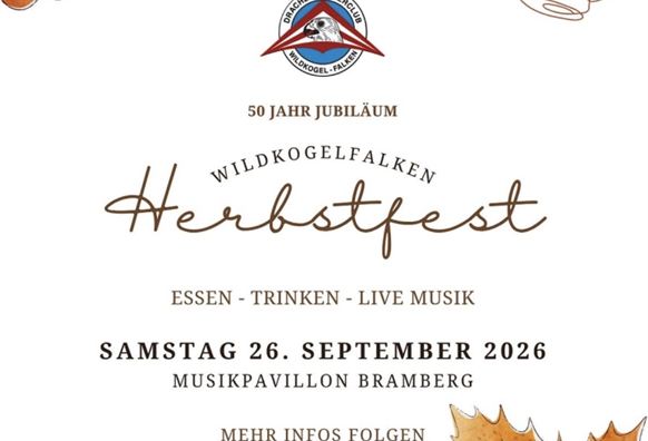 Ein festliches Plakat für das Herbstfest der Wildkogelfalken. Es zeigt Termine und Aktivitäten wie Essen, Trinken und Live-Musik.