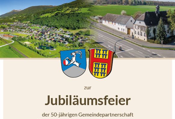 Einladungsflyer zur Jubiläumsfeier der Gemeindepartnerschaft zwischen Neukirchen am Großvenediger und Hünstetten. Die Feier findet vom 19. bis 20. September 2026 statt.