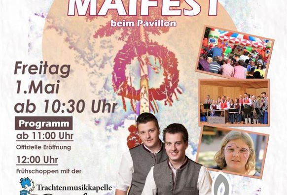 Ein Flyer für das Bramberger Maifest mit Informationen zu Datum, Uhrzeit und Programm. Es sind auch Bilder von Musikern und Veranstaltungen zu sehen.