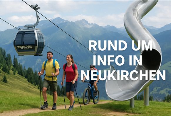 Een kabelbaan rijdt over een schilderachtig berglandschap. Twee wandelaars en een fietser genieten van de natuur in Neukirchen.