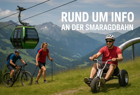 Eine Seilbahn in den Bergen mit Radfahrern und einem Mann auf einem Dreirad. Die Umgebung ist grün und bergig, ideal für Outdoor-Aktivitäten.