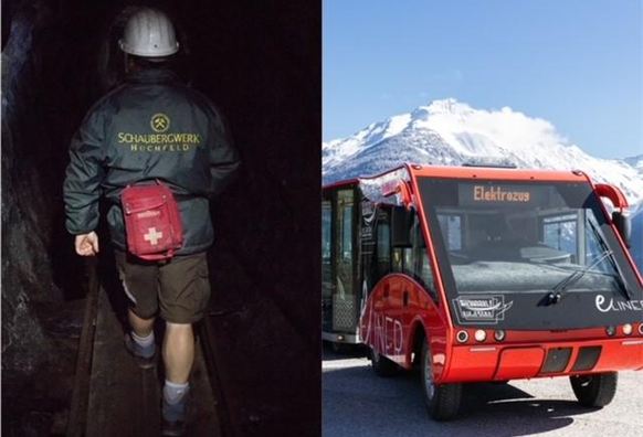 Auf der linken Seite sieht man eine Person in einem dunklen Tunnel mit einem Helm. Rechts steht ein roter Elektrobus vor einer Berglandschaft mit einem klaren blauen Himmel.