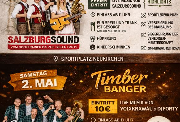 Ein Plakat für das Timber Festival mit Informationen zu zwei Veranstaltungen. Es zeigt Bilder von Bands, Eintrittspreisen und Veranstaltungen im Sportplatz Neukirchen.