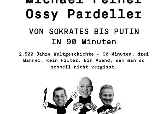 Ein Plakat für eine Kabarett- und Konzertveranstaltung im Cinetheatro Neukirchen. Es zeigt die Namen der Künstler und das Datum der Aufführung.