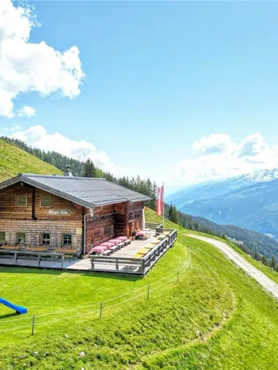 Eine Almhütte auf einem grünen Hügel mit Blick auf die Berge. Im Vordergrund befindet sich ein Spielplatz mit einer Rutsche.