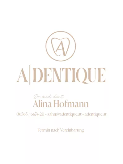 An elegant logo for the dental practice A|DENTIQUE. It displays the name of the practice as well as contact details and information for making appointments.