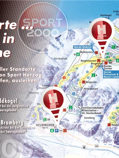 Eine Karte mit vier Standorten in einer Bergregion. Sie zeigt die Verbindungsmöglichkeiten und Informationen zu Sport Höhen mit den jeweiligen Orten Wildkogel, Neukirchen und Bramberg.