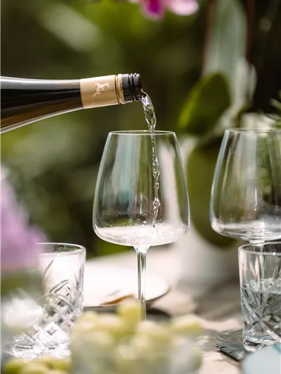 A glass is filled with a sparkling beverage. In the background, more glasses and flowers can be seen.