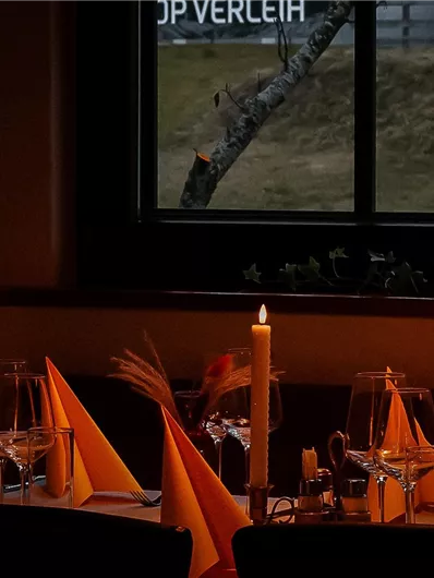 A cozy restaurant with a nicely set table and a candle. Through the window, a green landscape is visible.