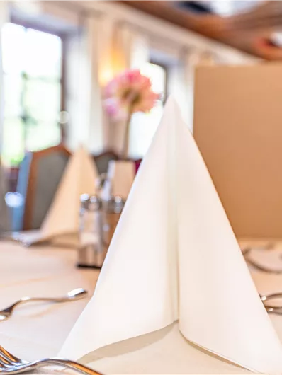 A beautifully set table with cloth napkins and cutlery. In the background, a bouquet of flowers and a menu card can be seen.