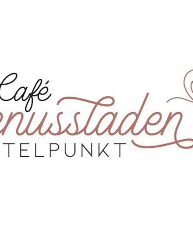 Een aansprekend logo voor een café genaamd "Genussladen Mittelpunkt". Het straalt een uitnodigende sfeer uit met een romantisch symbool.