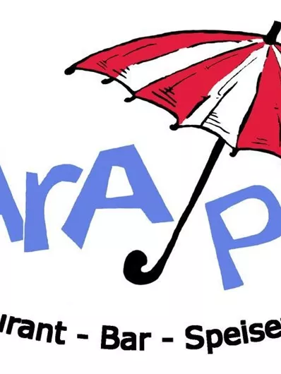 Ein Logo für das Restaurant „Paraplü“ mit einer roten und weißen Regenschirmgrafik. Das Logo hebt die Kategorien „Restaurant - Bar - Speisewerk“ hervor.