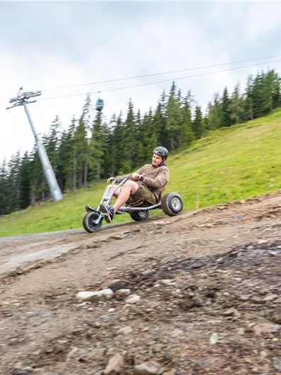 Two people are riding down a hill on special tricycles. In the background, trees and a cable car can be seen.