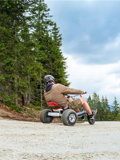 A man rides down the gravel path on a large scooter. In the background, tall trees and a cloudy sky can be seen.