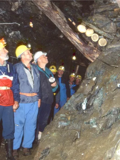 A group of miners stands in a tunnel and examines the ground. They are wearing helmets and work clothes, while some lamps illuminate the background.