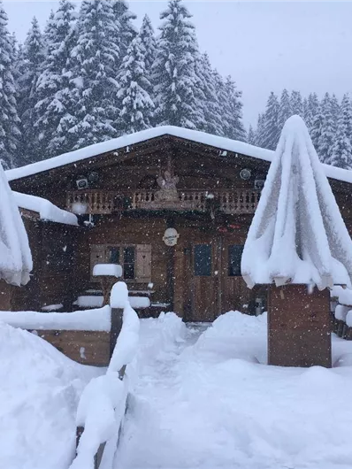 Eine gemütliche Hütte im Schnee mit verschneiten Bäumen im Hintergrund. Die Umgebung ist winterlich und idyllisch.
