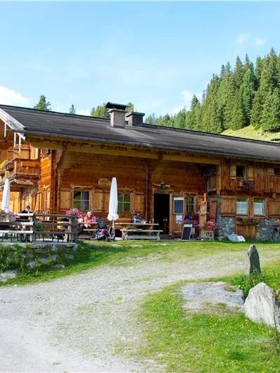 Eine traditionelle Almhütte aus Holz, umgeben von grünen Wiesen und Wald. Es gibt Sitzgelegenheiten im Freien und Gäste genießen die Landschaft.