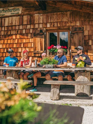 Eine Gruppe von fünf Personen sitzt an einem Holztisch vor einer rustikalen Hütte in den Bergen. Die Umgebung ist grün und sonnig, mit Blumen und entspannter Stimmung.