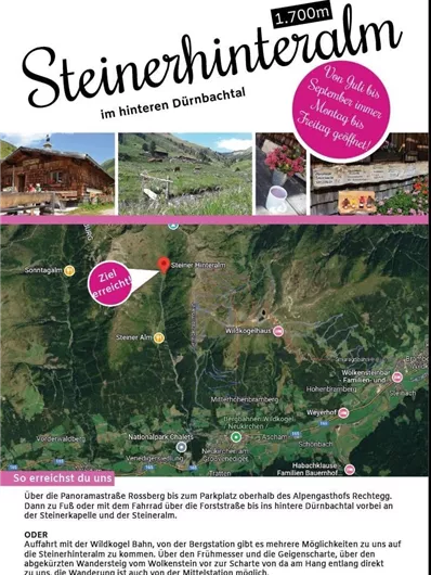 Eine Informationsgrafik über die Steinerhinteralm im hinteren Dürnbachtal. Sie zeigt eine Karte und Anweisungen zur Erreichung des Ziels.
